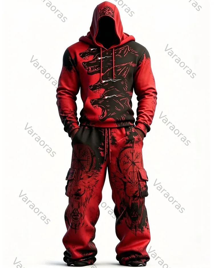 Men's Fashion Viking Contrast Color Wolf Embroidered Hoodie & Pants Two-Piece Set 7264