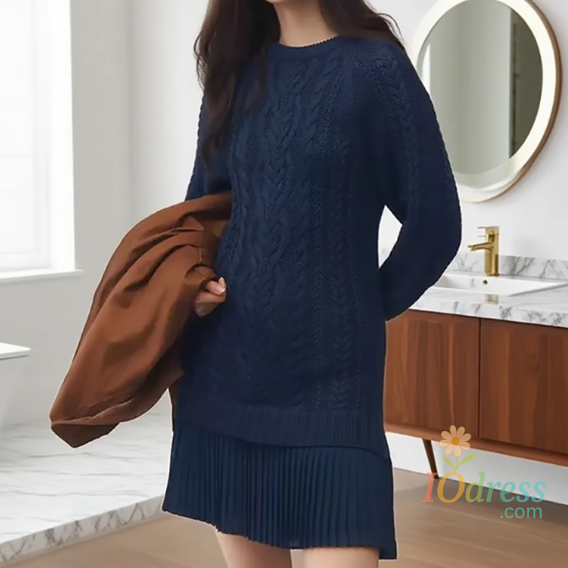 IO Dress 2025 O-Neck Long Sleeve Knitted Patchwork Dress Women Loose Casual Sweet Chic Mini Dress Autumn Winter Fashion Party Streetwear