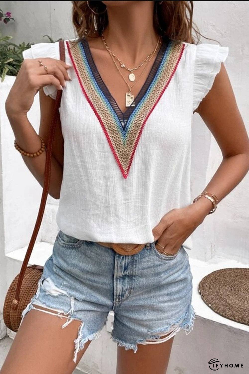 Full Size Ruffled V-Neck Cap Sleeve Blouse | IFYHOME