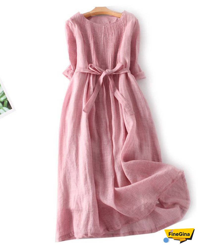 Loose Cotton Linen Tie Three Quarter Sleeve Dress