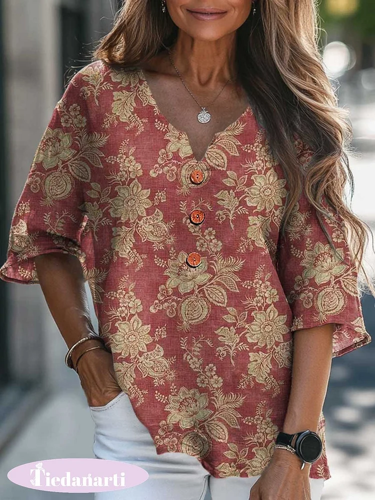 Women's Vintage Lovely Floral Art Print Casual Cotton Linen V-neck Shirt