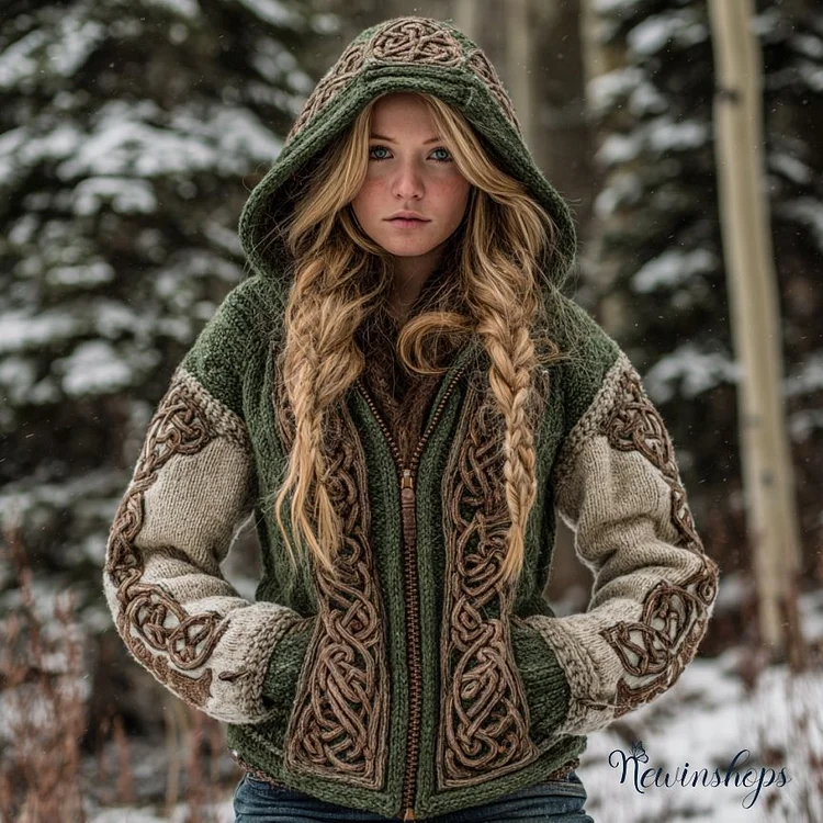 Women's Viking Celtic Knot Contrasting Art Cozy Knit Zip Up Hooded Sweater
