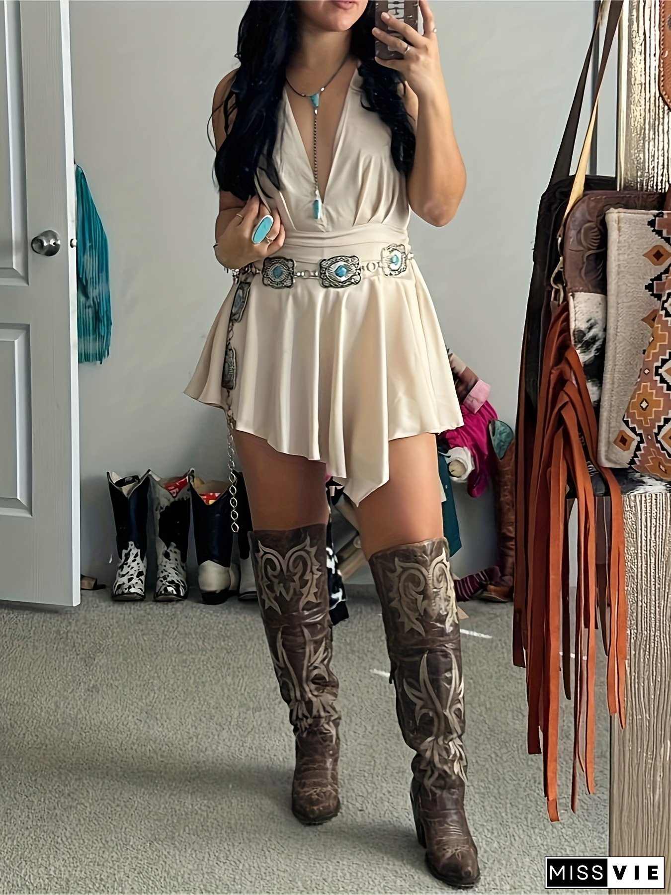 [Elegant Mini Dress] Lightweight Elegant Women's V-Neck Sleeveless A-Line Mini Dress | Machine Washable Solid Color Versatile Dress For Spring Summer Fall, Casual To Semi-Formal Occasions, Seasonal Fashion, Flowy Fabric