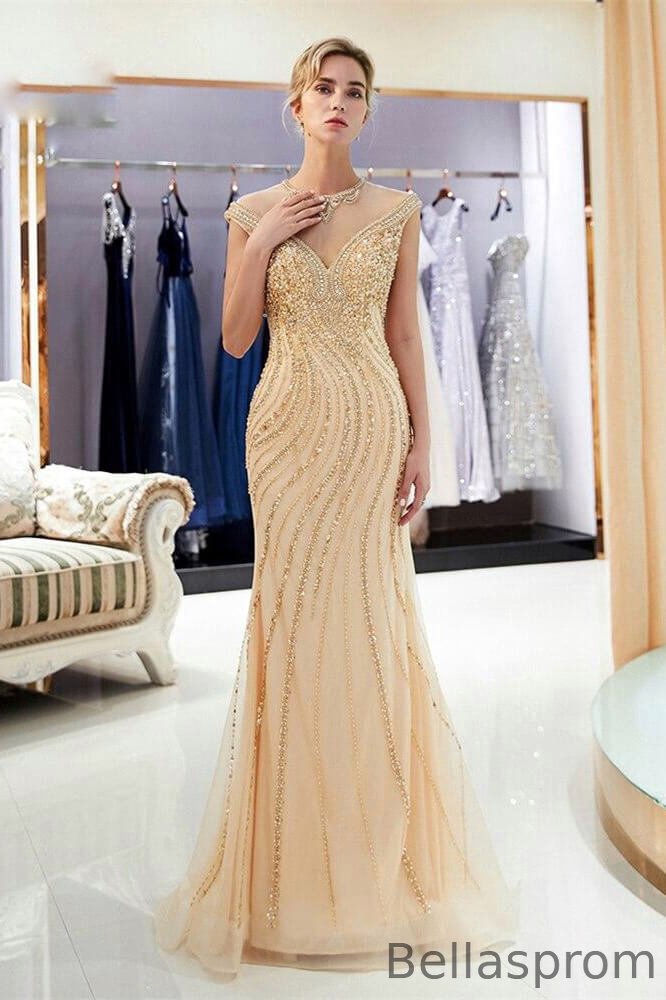Bellasprom Cap Sleeve Mermaid Evening Dress Long With Beads Crystals Bellasprom