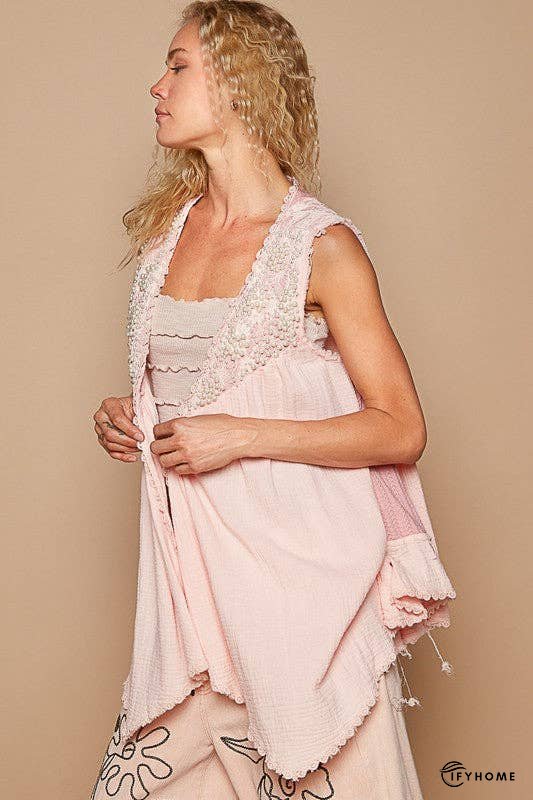 POL Embroidered Pearls Open Front Sleeveless Cardigan | IFYHOME