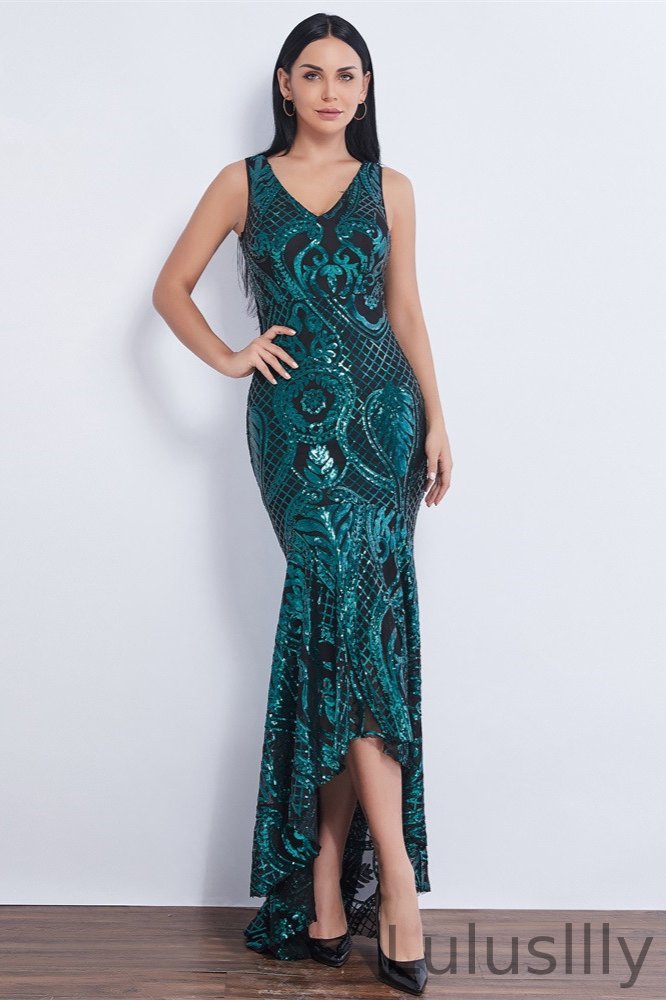 Gorgeous Sleeveless Green Sequins Prom Dress Long mermaid Hi-Lo Evening Party Gowns - lulusllly