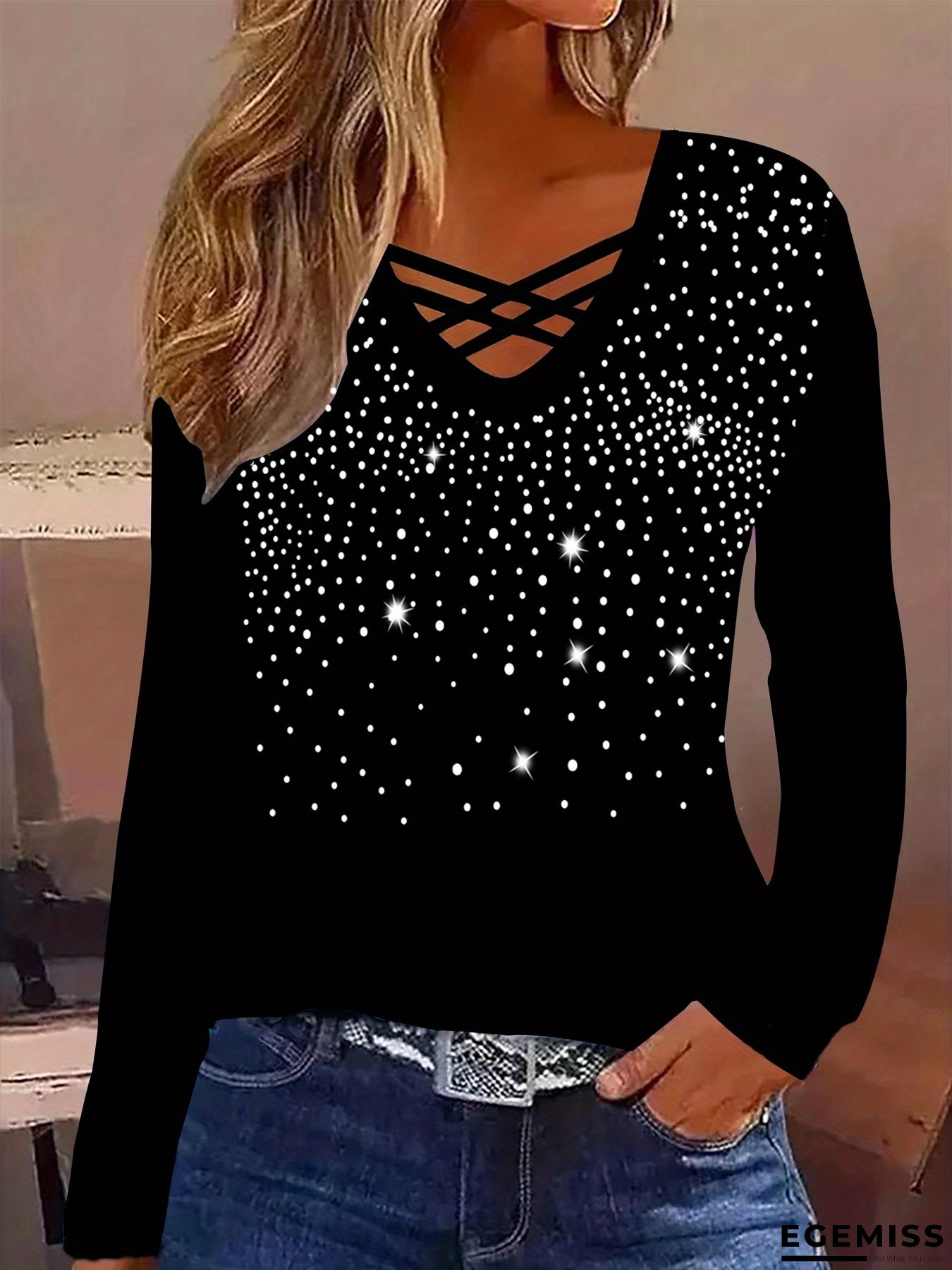 Stylish Long-Sleeve V-Neck Cross Strap Rhinestone T-Shirt with Full Star Embellishments for Women - Trendy Slim Fit Top | EGEMISS