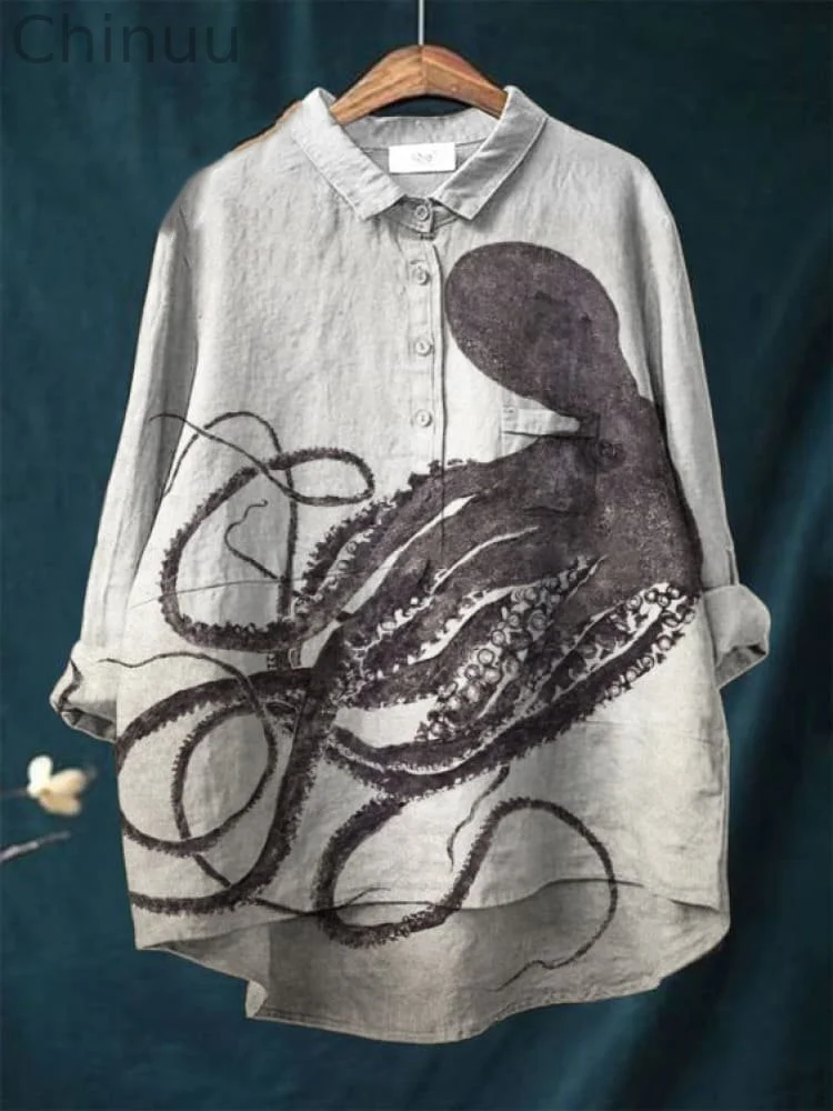 Vintage Japanese Octopus Pattern Art Print Casual Cotton And Linen Shirt
