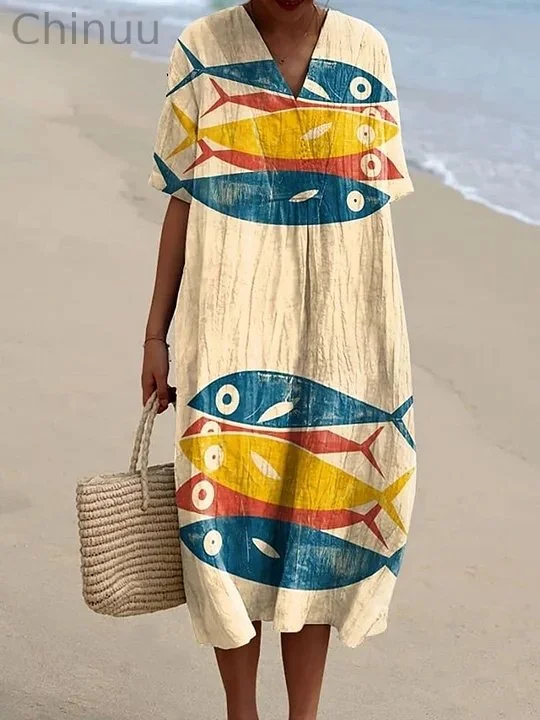 Women's Vintage Fish Sardine Art Print Flowy Dress