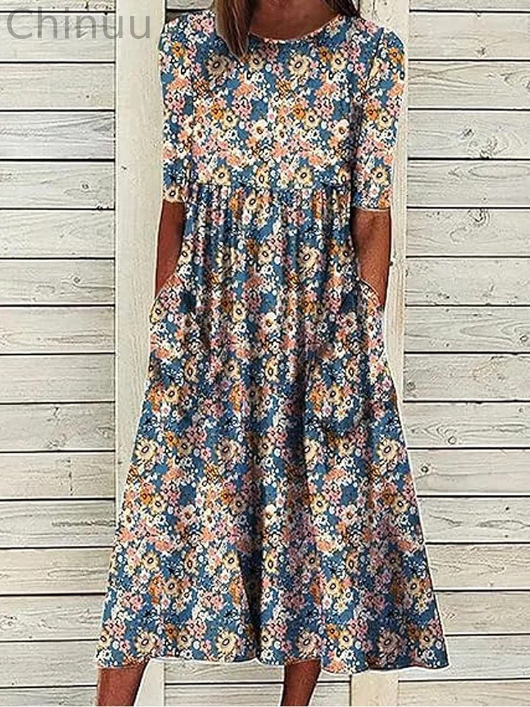 Boho Floral Print Loose Flowy Long Dresses