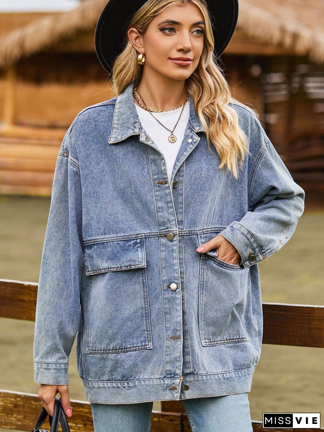 Dropped Shoulder Denim Jacket with Pockets