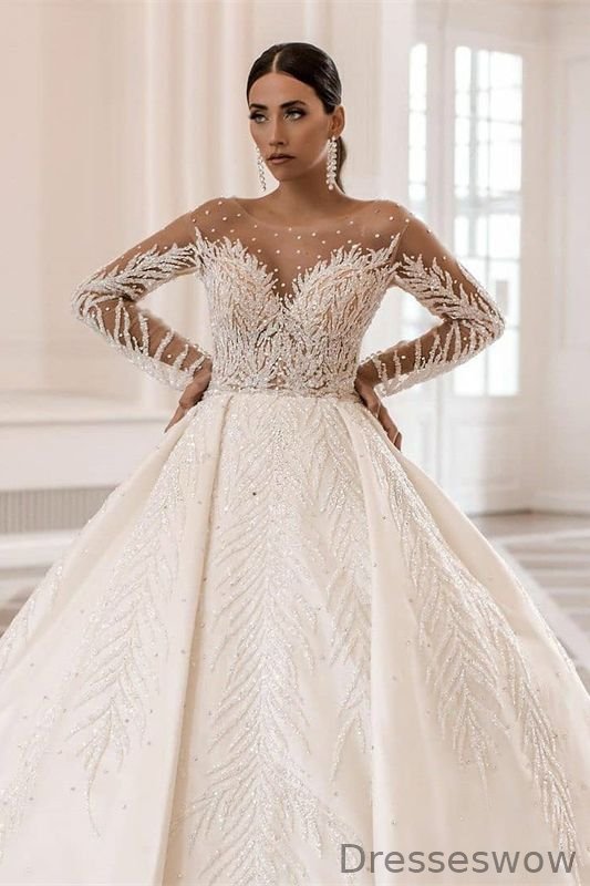 Dresseswow Gorgeous Long Sleeves Scoop Wedding Dress With Crystal Peals