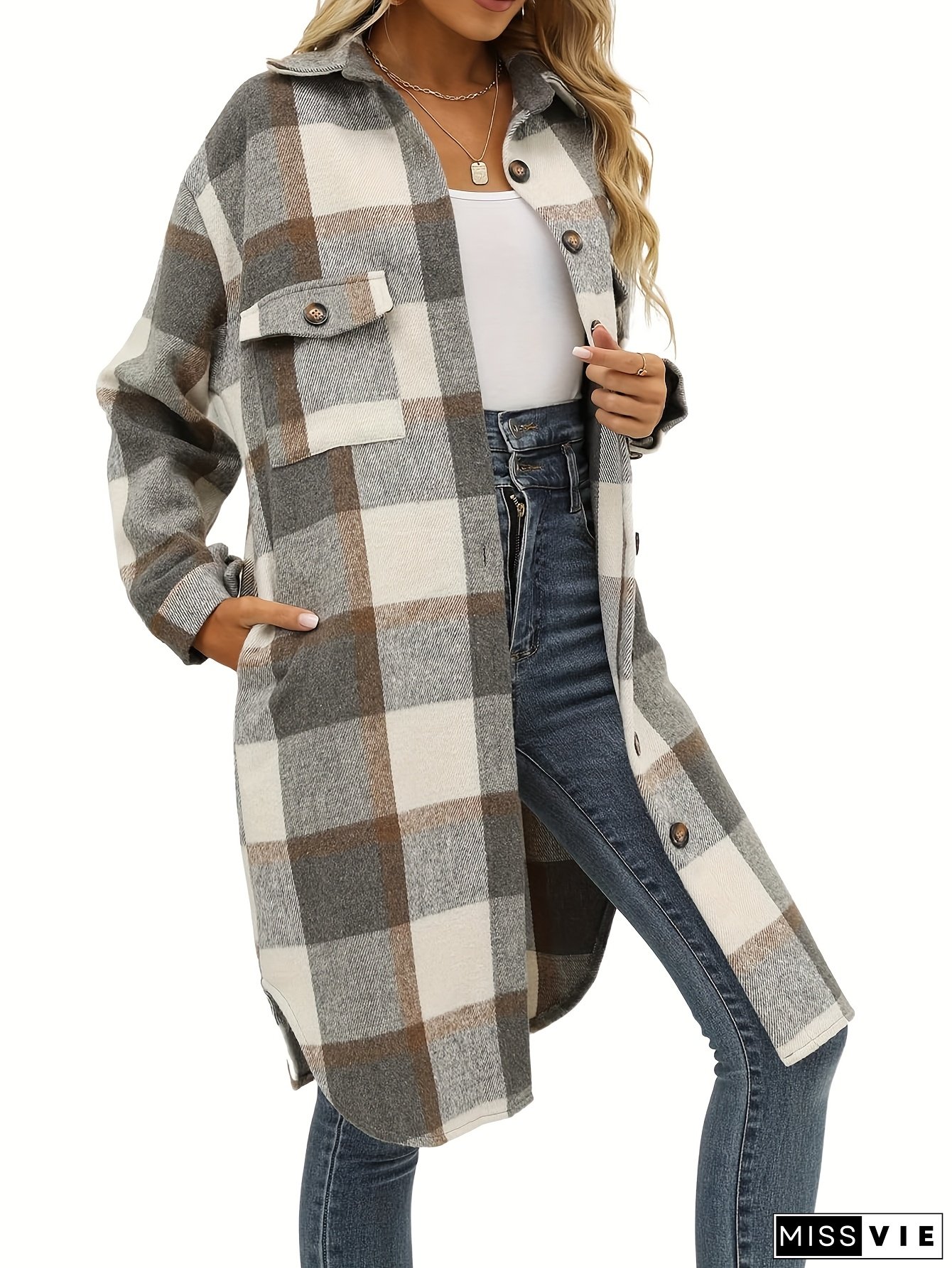 Women's Casual Plaid Shacket - Long Sleeve Button- Jacket with Turn- Collar, Brown & White Gingham Check, Relaxed Fit for Fall, Spring, and Winter