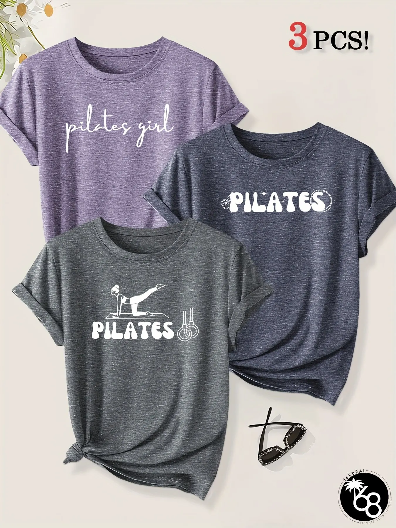 3pcs Womens Pilates Graphic T-Shirts Print Beige Teal Olive Green Casual Stylish Workout | 168DEAL