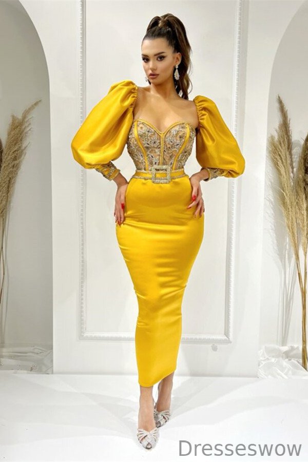 Dresseswow Yellow Sweetheart Long Sleeves Prom Dress Mermaid With Beadings