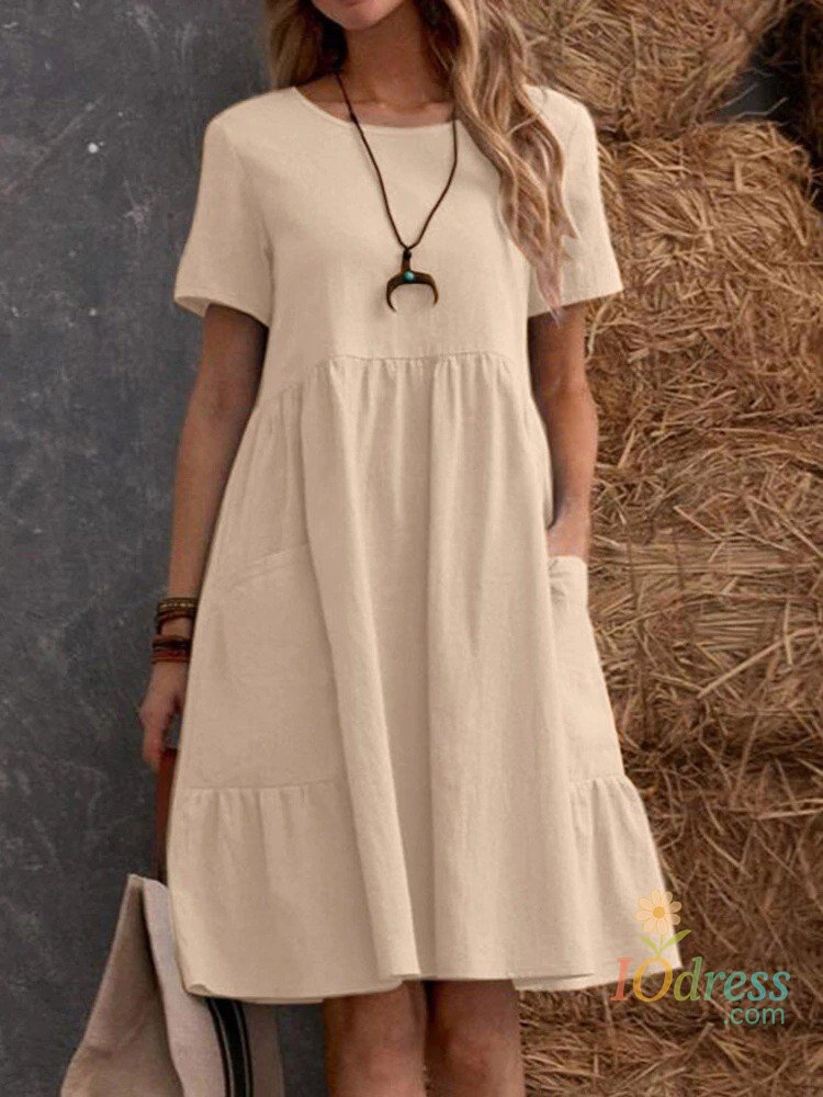 IO DressCasual Loose Solid Color Short Dresses For Women 2024 Summer Simple  A-Line Pocket Midi Dress Elegant Vintage Female Dresses