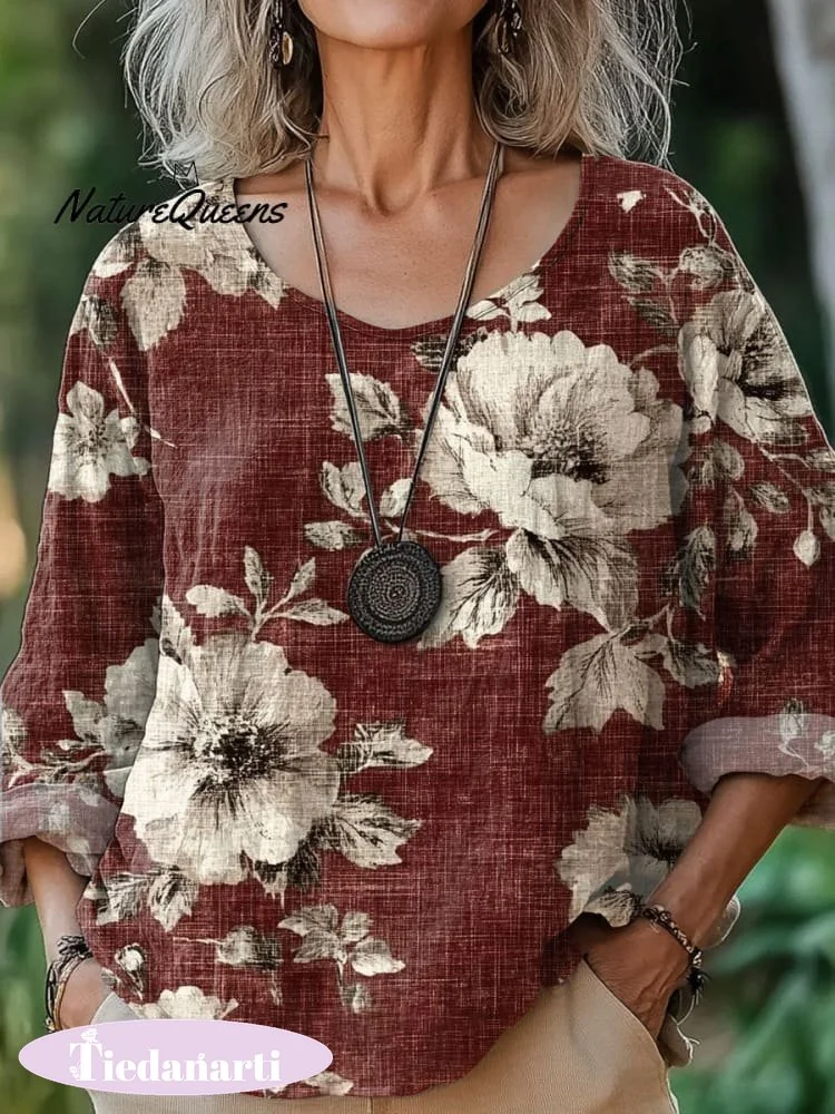 Women's  Flowers  Art  Print Casual Cotton And Linen Shirt