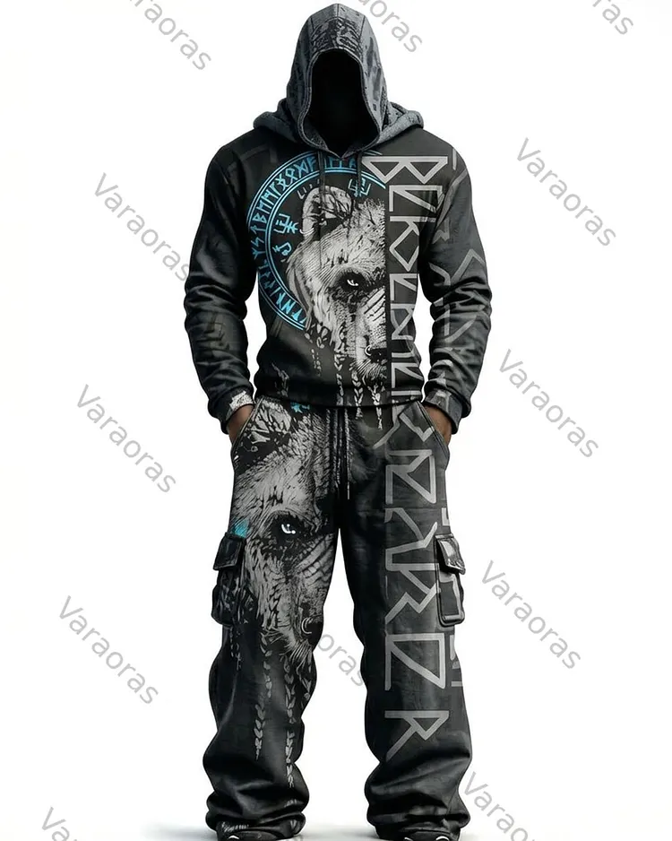 Men's Fashion Viking Contrast Color Embroidered Hoodie & Pants Two-Piece Set 8918