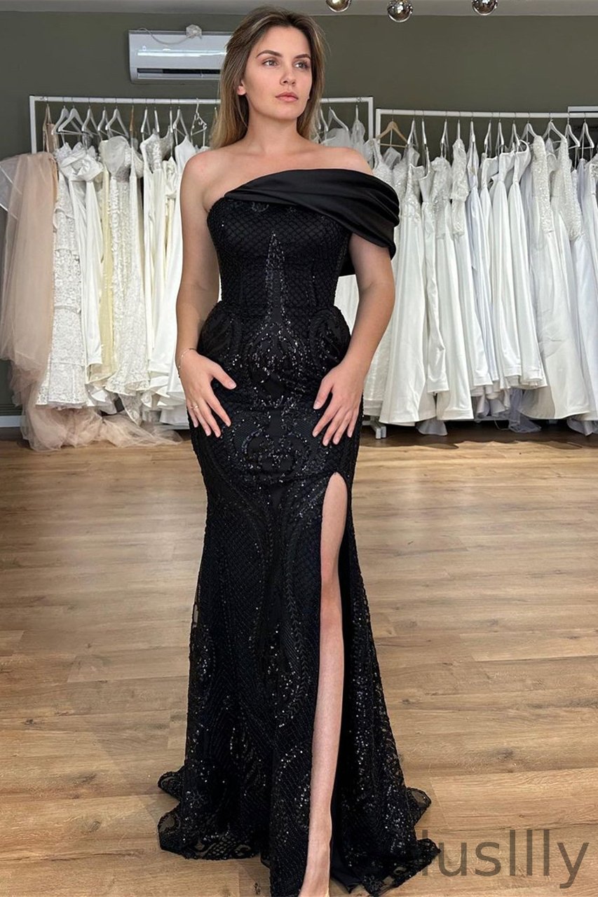 New Arrival One Shoulder Black Mermaid Evening Gown Split with Sequins Beadings - lulusllly