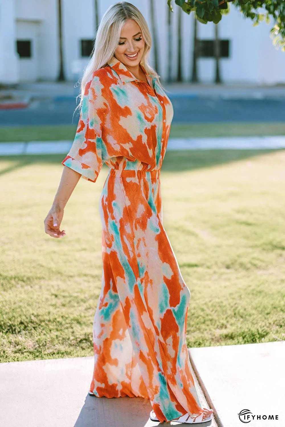 Tie-Dye Collared Wide Leg Jumpsuit | IFYHOME