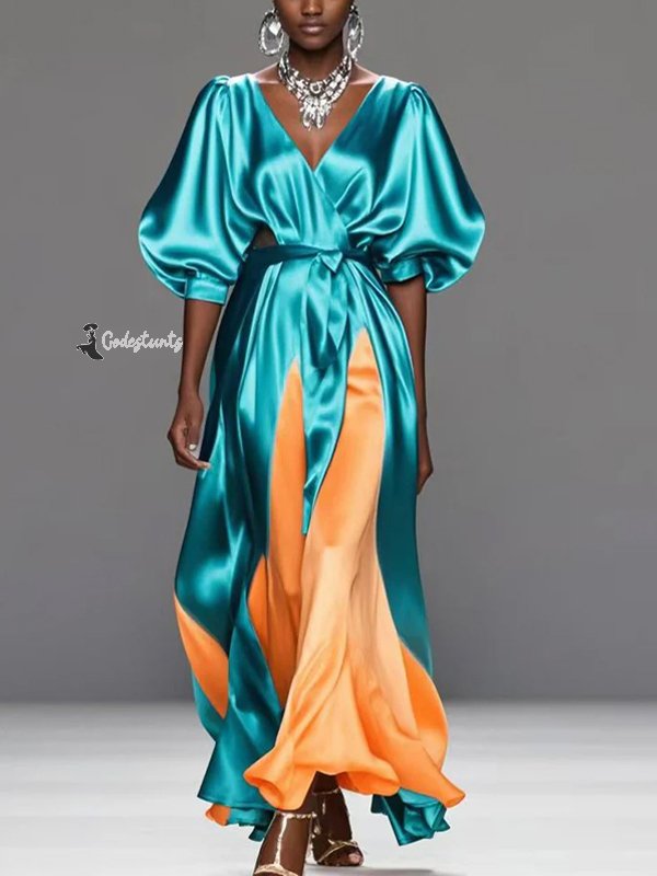 Blue V-neck Silk Colorblock Maxi Dress