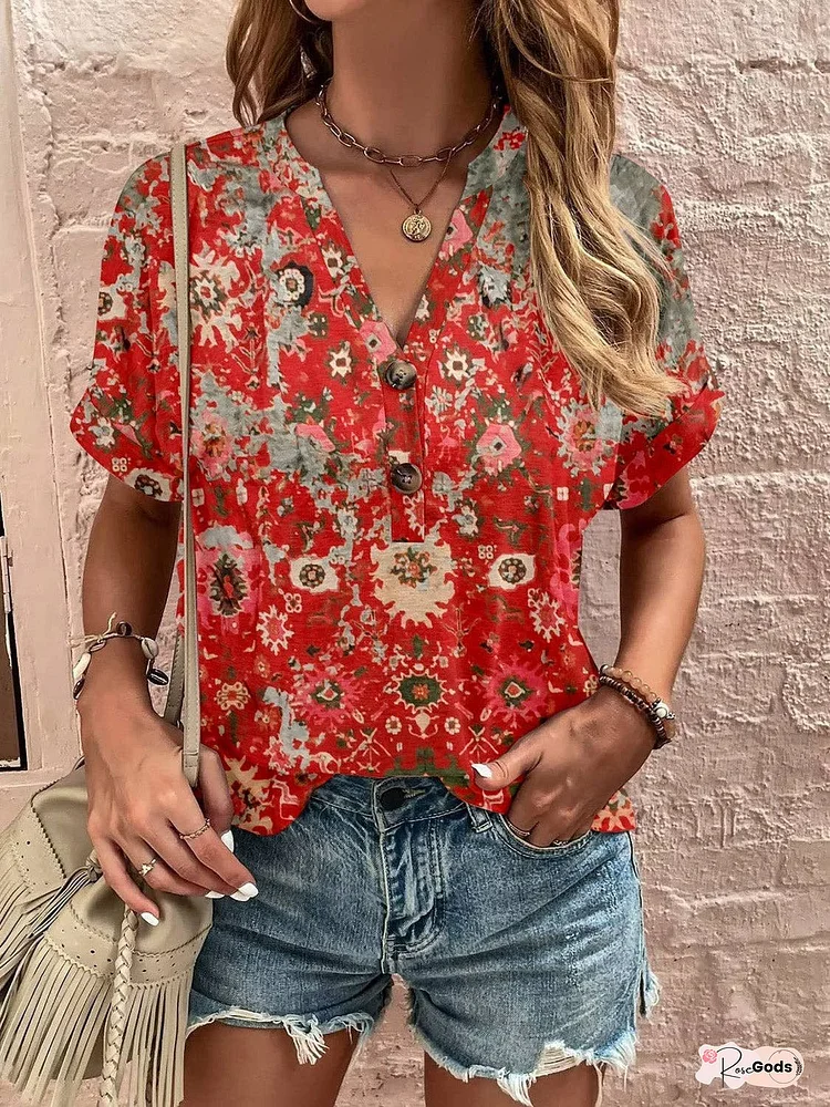 Full Size Printed Notched Short Sleeve Blouse