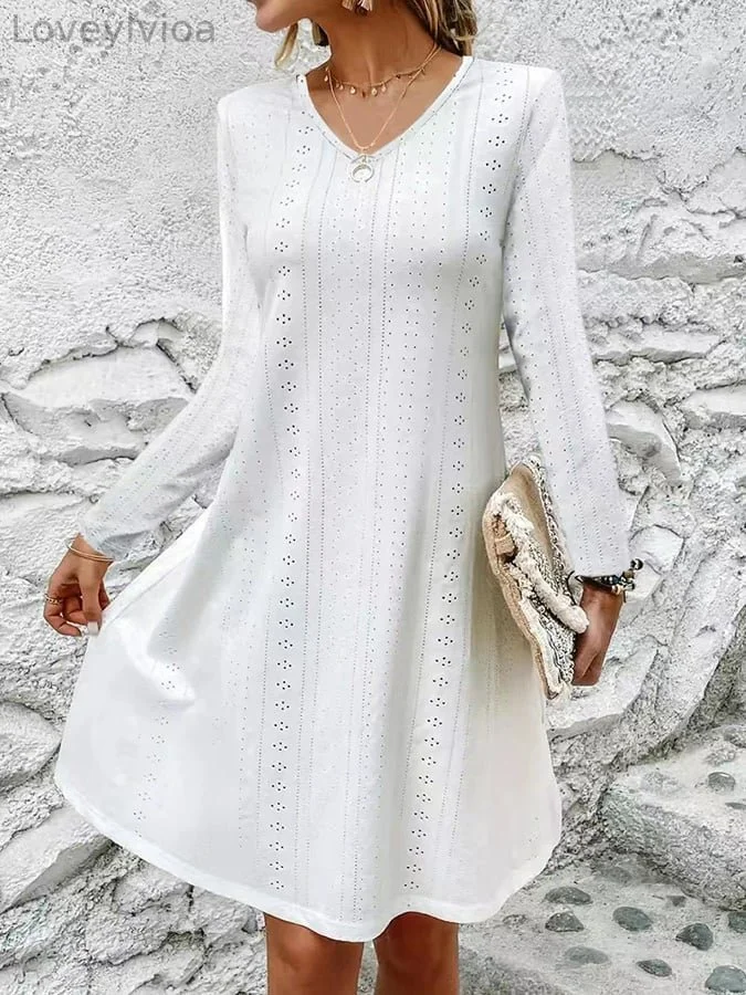 Women's Hollow Jacquard V-Neck Long Sleeve A-Line Casual Dresses