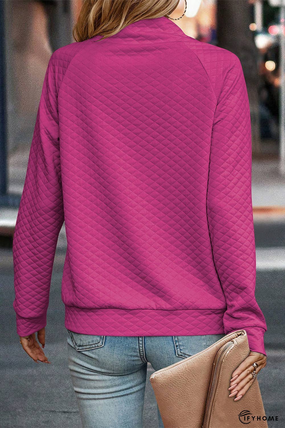 Quilted Buttoned Neckline Stand Neck Pullover Sweatshirt | IFYHOME