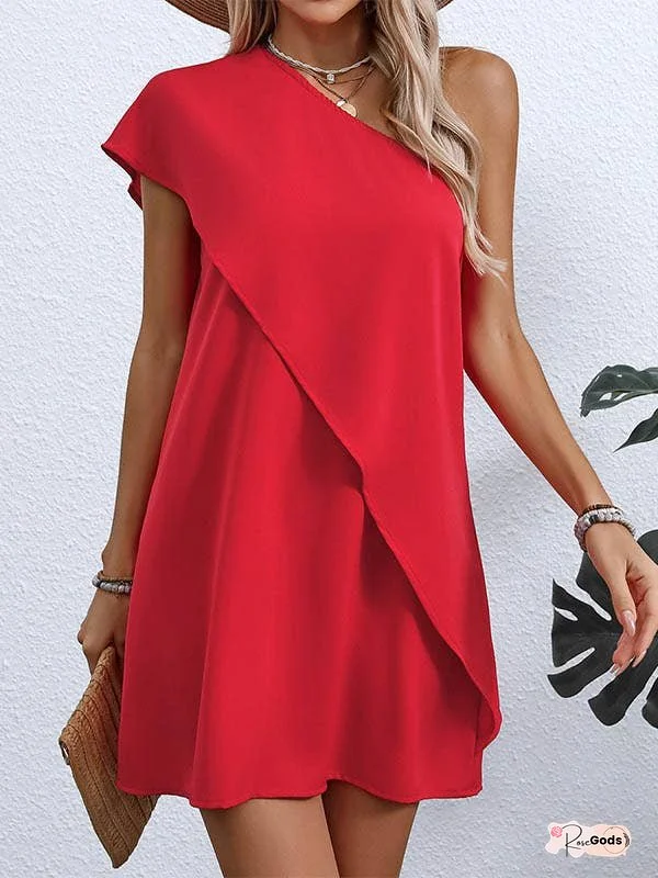 A-Line False Two Asymmetric Solid Color One-Shoulder Mini Dresses