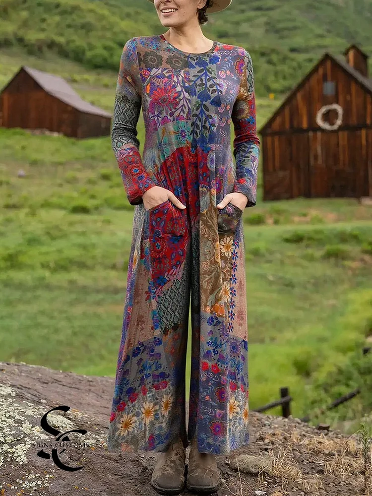 Women's Boho Natural Floral Print Stretch Jumpsuit