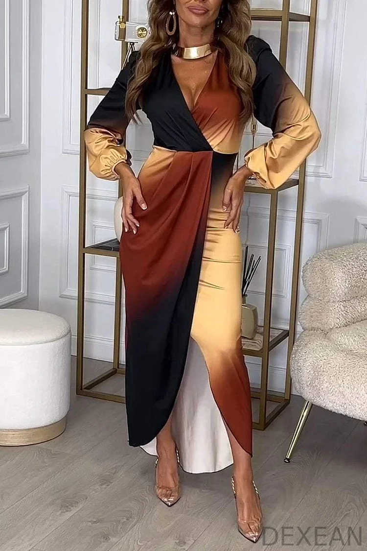 Women's V-neck Long-sleeved Gradient Print Dress