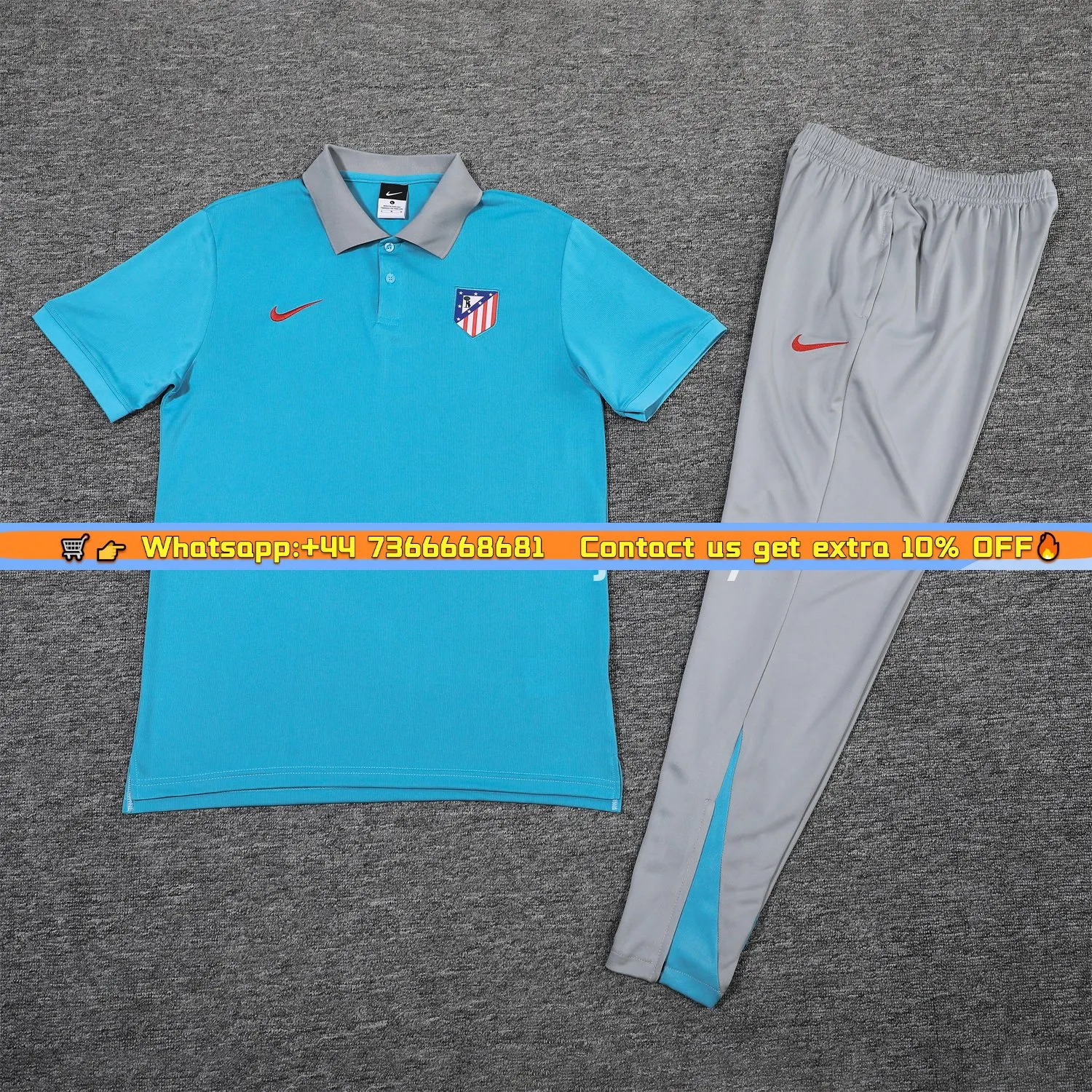 Atletico Madrid 25-26 POLO Short-Sleeve Training Set - Blue Top and Grey Pants