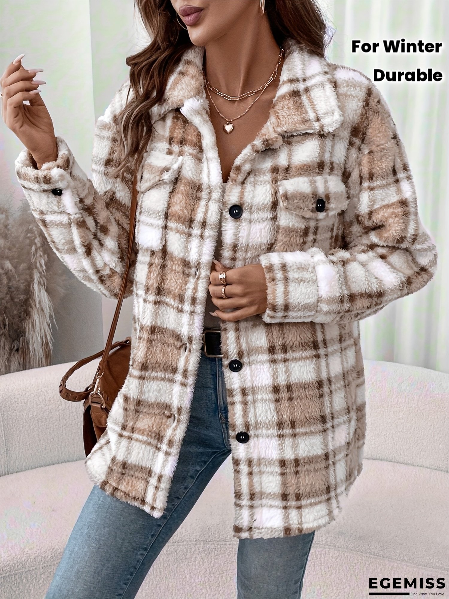 Women&lsquo;s Elegant Plaid Teddy Fleece Jacket - Double-Sided Reversible Winter Coat with Fur-Lined Hood, All-Season Casual Chic Outerwear, Button Front Closure & Structured Fit for Cold Weather, Stylish Layering Piece, Durable Outerwear | EGEMISS