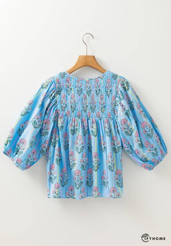 Smocked Floral Print Tie Neck Blouse | IFYHOME