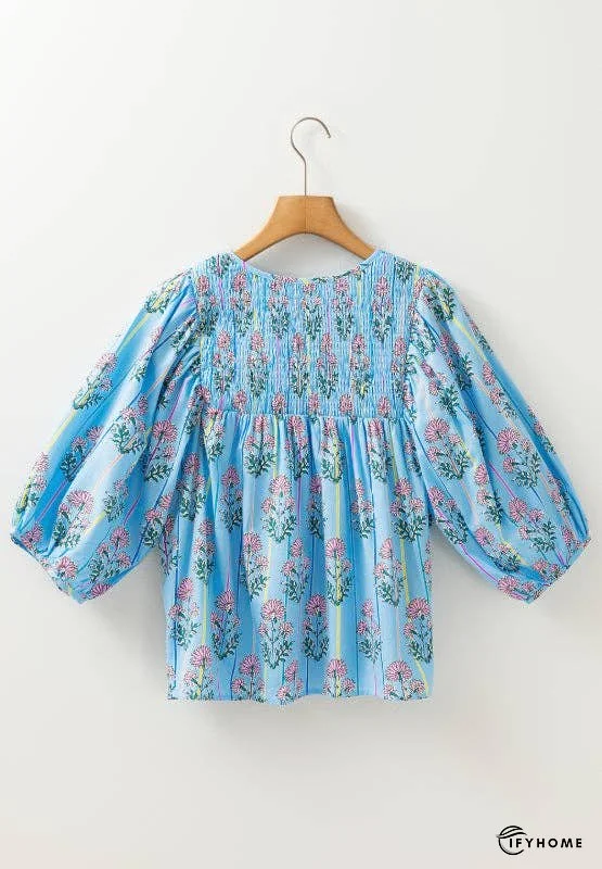 Smocked Floral Print Tie Neck Blouse | IFYHOME