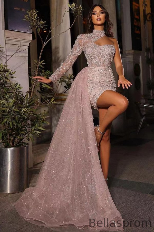 Bellasprom High Neck Long Sleeves Short Prom Dress With Pearls Ruffle Bellasprom