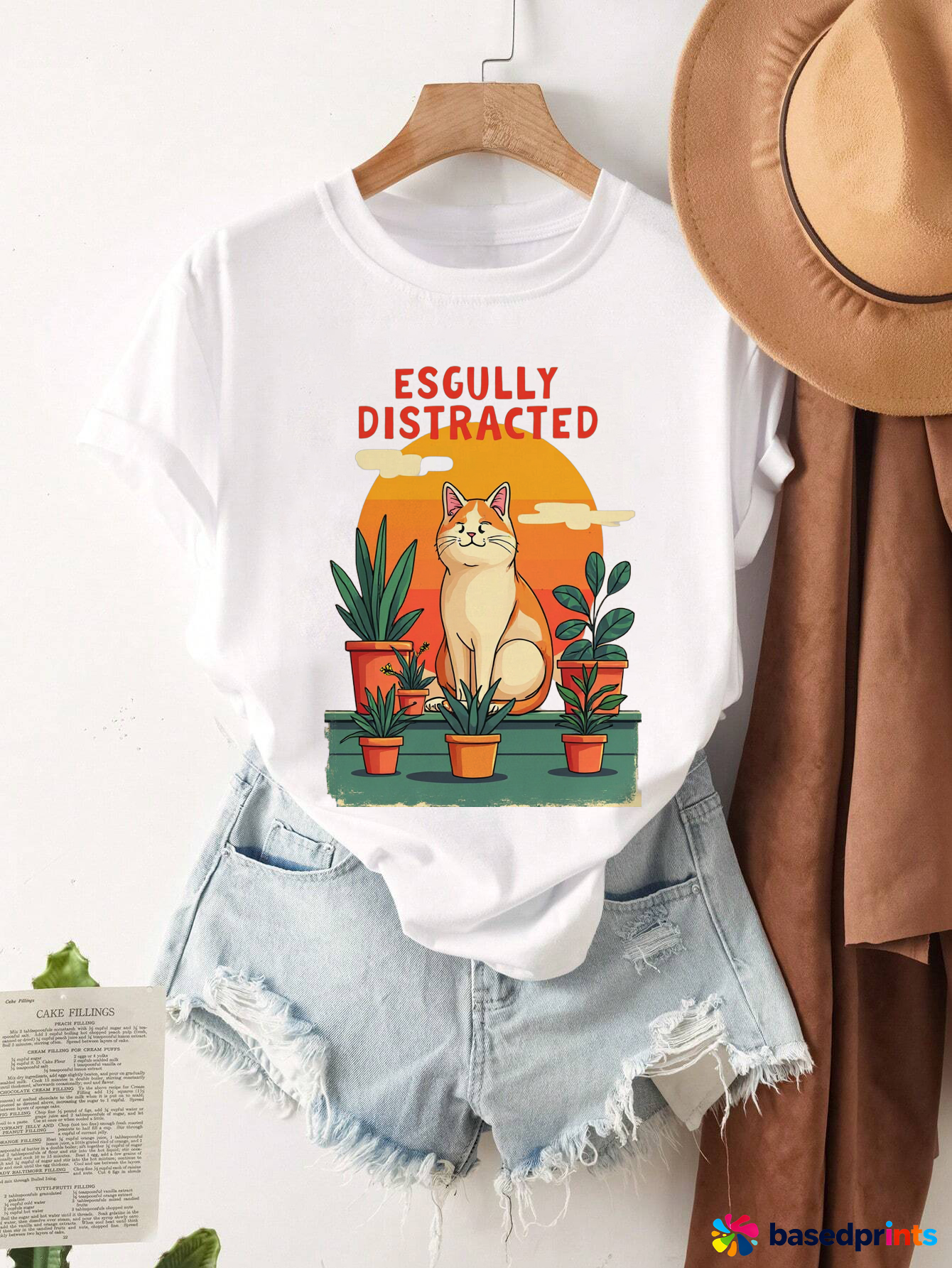 Egsully Distracted Cat T-Shirt Women Summer Casual Tee Tops