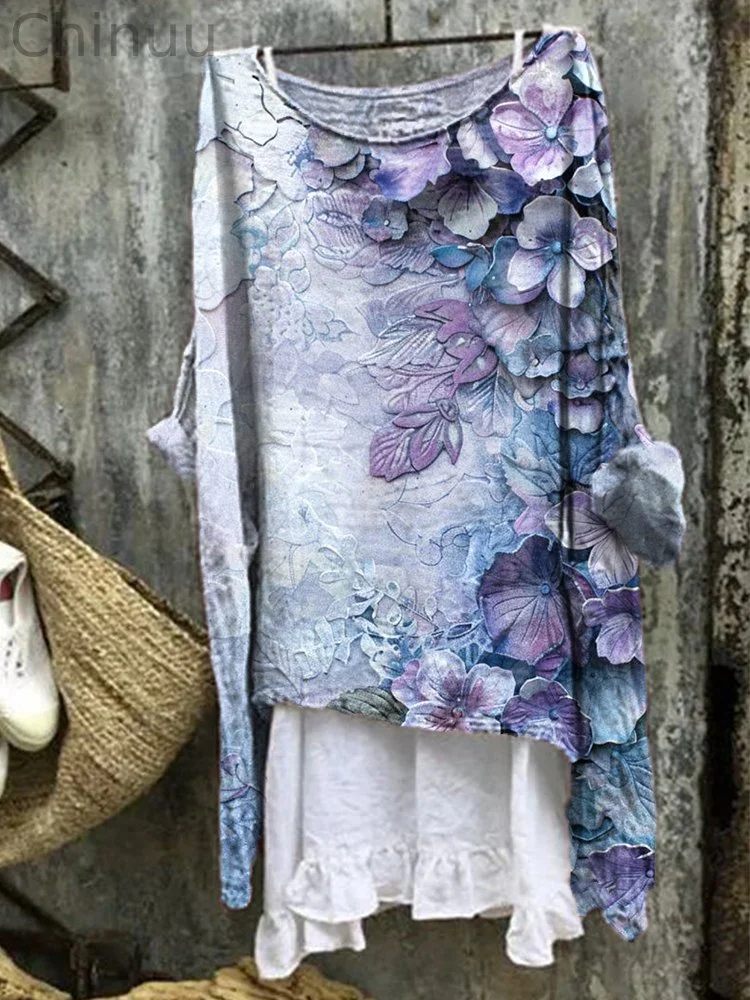 Purple Floral Art Print Linen Blend Shirt