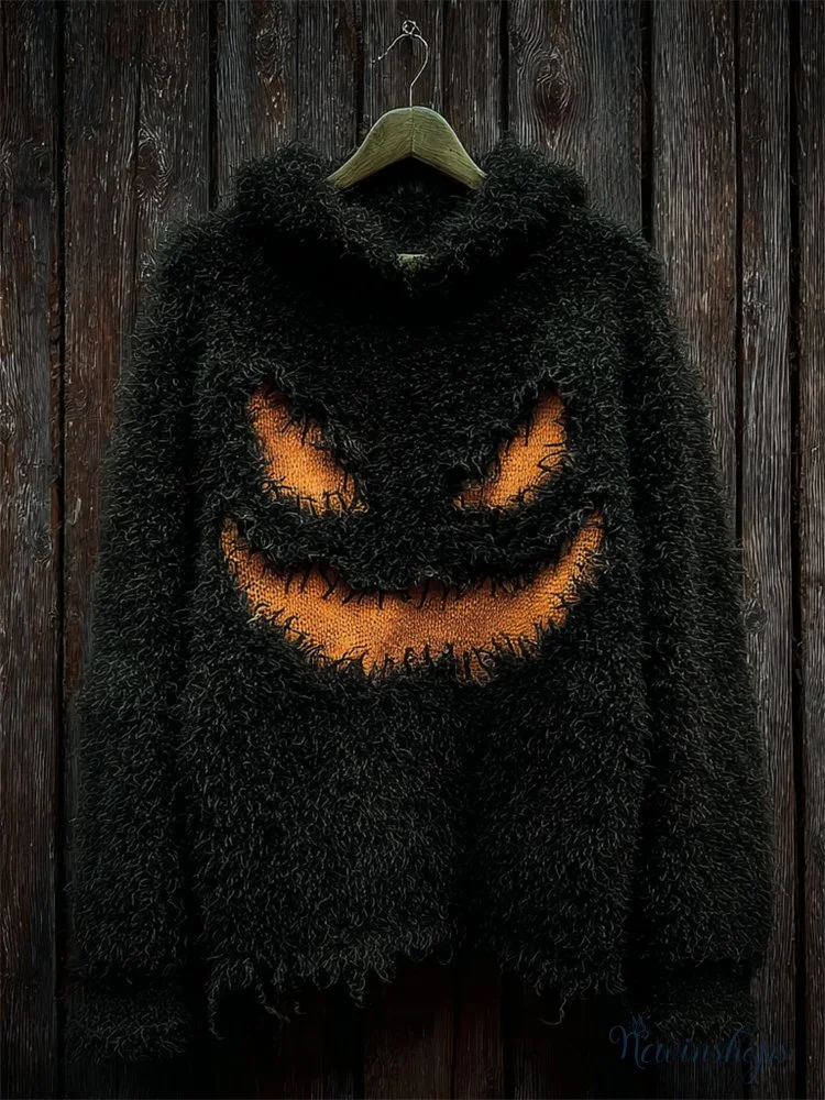 Halloween Spooky Pumpkin Face Fuzzy Cozy Hoodie