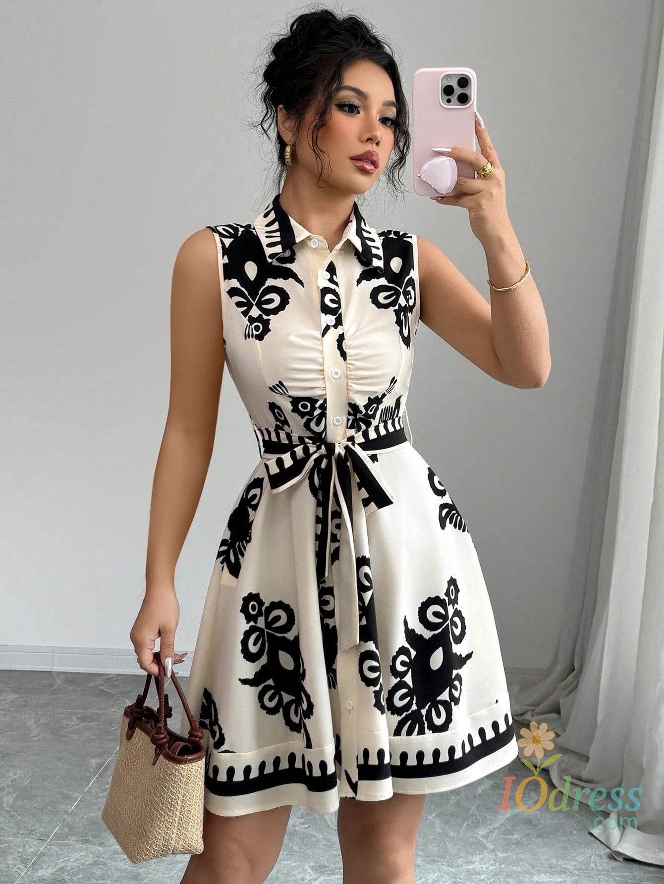 IO Dress Summer New Fashion Casual Dress For Women Elegant Solid Sleeveless Turn-down Collar Lace Up Office Holiday Dresses Robe Femme IO Dress