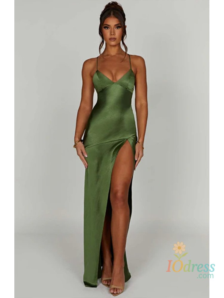 IO Dress Bandage Backless Elegant Dress Split Hem Spaghetti Strap Slim Cocktail Party Club Fashion Satin Solid Lace-Up Long Dresses IO Dress