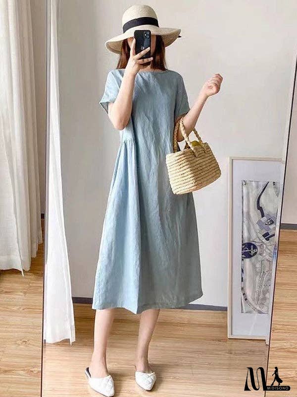 Casual Loose Solid Color Round-Neck Midi Dresses
