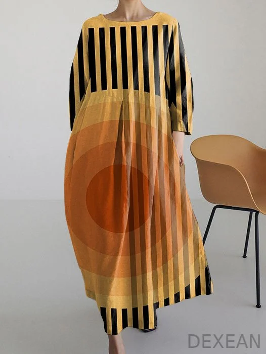 Striped Sun Abstract Art Bohemian Long Sleeve Dress