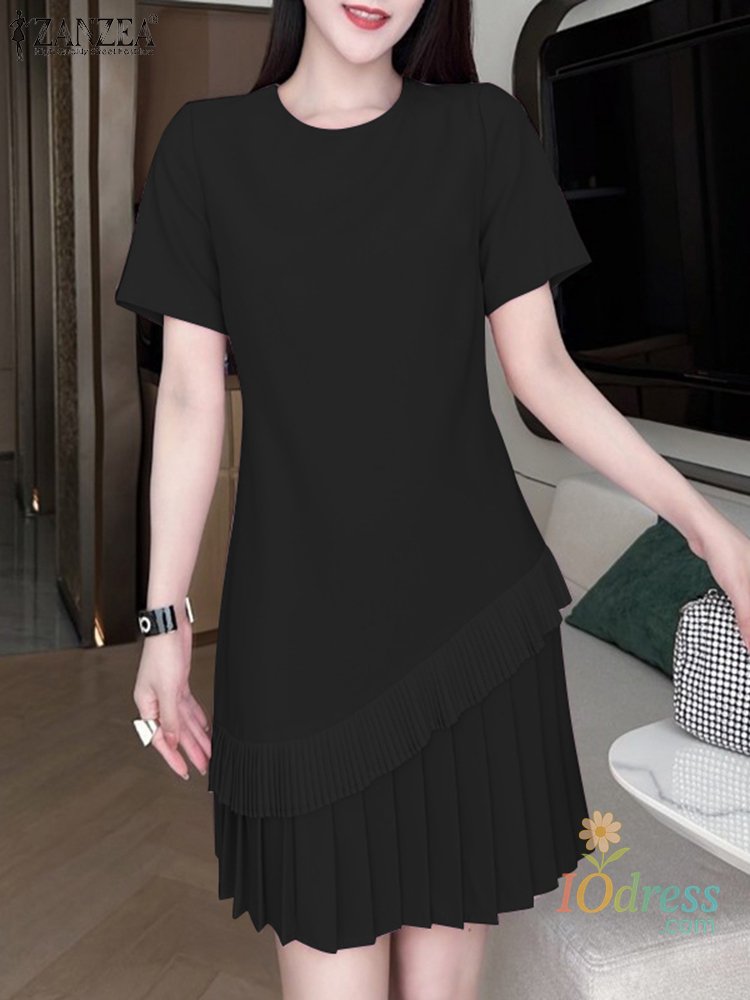 IO Dress Elegant Women Pleated Dress Shop Summer Fashion Short Sleeve Ruffles Hem Sundress Casual Solid A Line Party Work Vestidos IO Dress