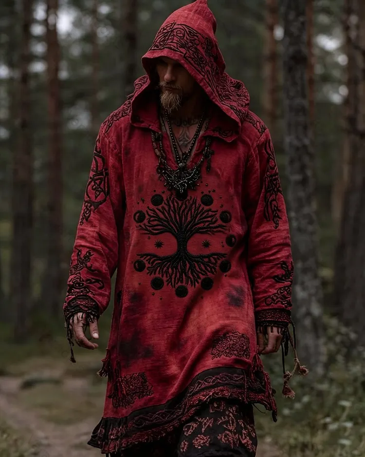 Men's Summer Fashion Hippie Star and Moon Embroidered Linen Hooded Kaftan 6725