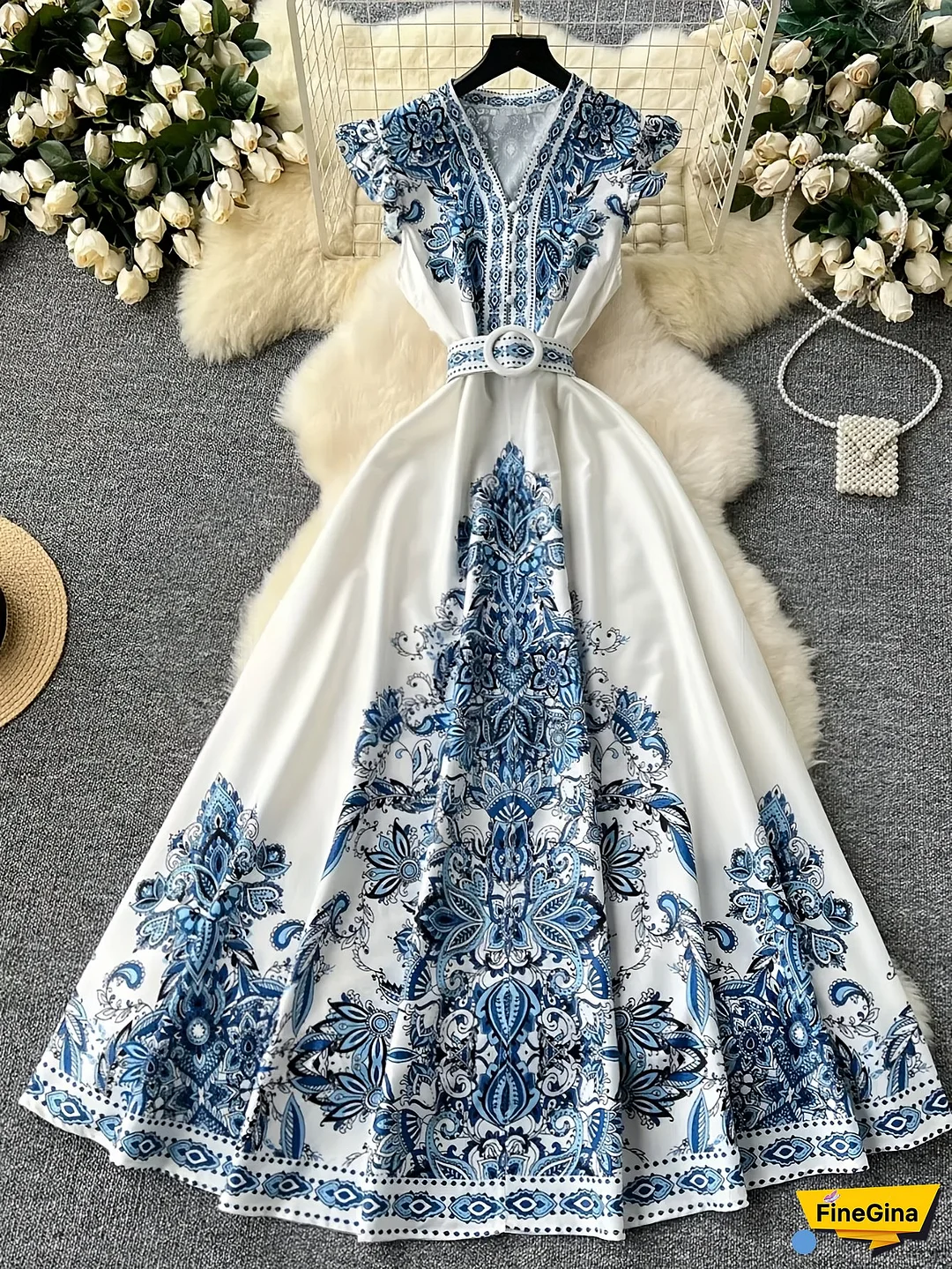 Vintage Style Printed Long Dress with V-Neck, Single-Breasted Closure, and Decorative Details - Perfect for Adult, Summer Season, Casual Attire|Vintage Dress|Single-breasted Dress