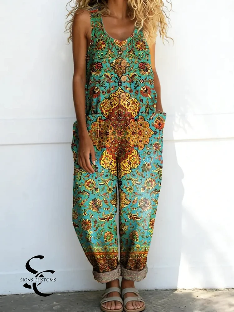 Women's Vintage Floral Pattern Art Print Casual Cotton Denim Jumpsuit