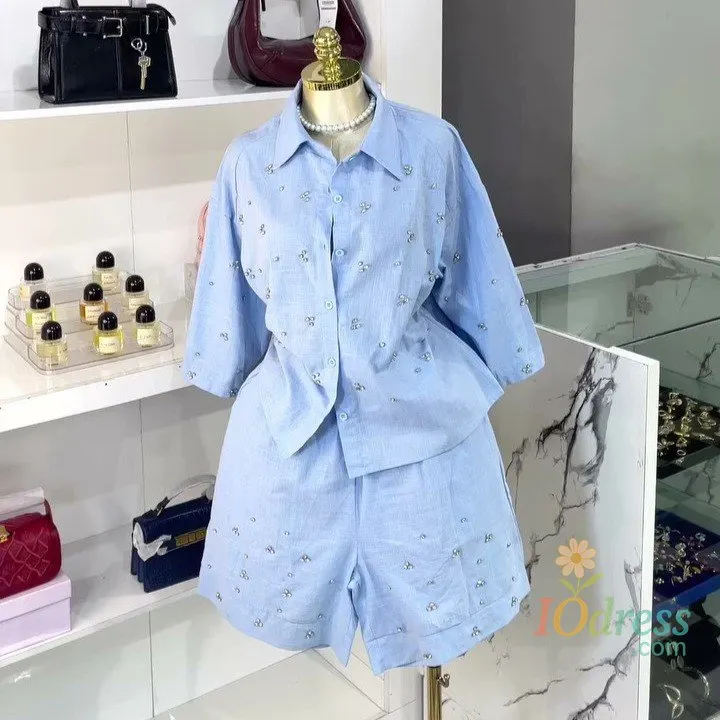 IO Dress Summer Women's Suit Shorts High Waist Two Piece Set Short Pants Button Front Shirt Wide Leg Casual Shorts Light Blue Linen Pants IO Dress