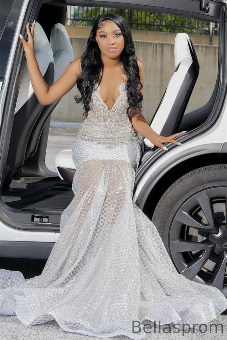Bellasprom Silver Sleeveless V-Neck Mermaid Prom Dress With Beadings Bellasprom