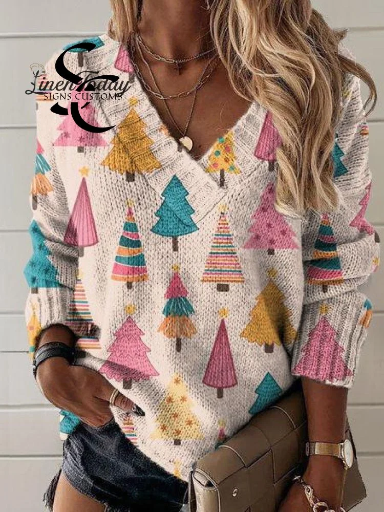 Christmas Tree Print Knit V-neck Pullover Sweater
